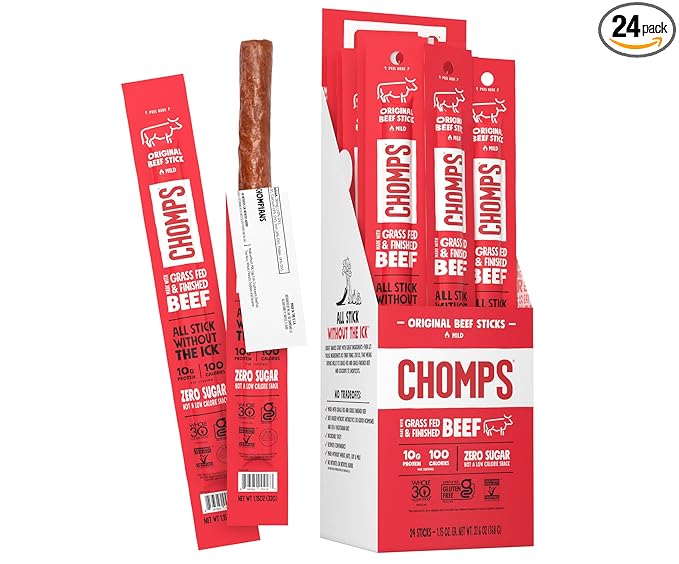 Chomps Grass-Fed and Finished Original Beef Jerky Snack Sticks 24-Pack, Keto, Paleo, Whole30, 10g
