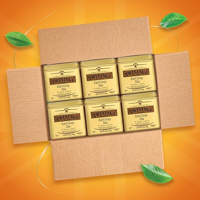 Twinings Earl Grey Loose Black Tea Tins, 3.53 Ounce Tins (Pack of 6), Flavoured with Citrus and