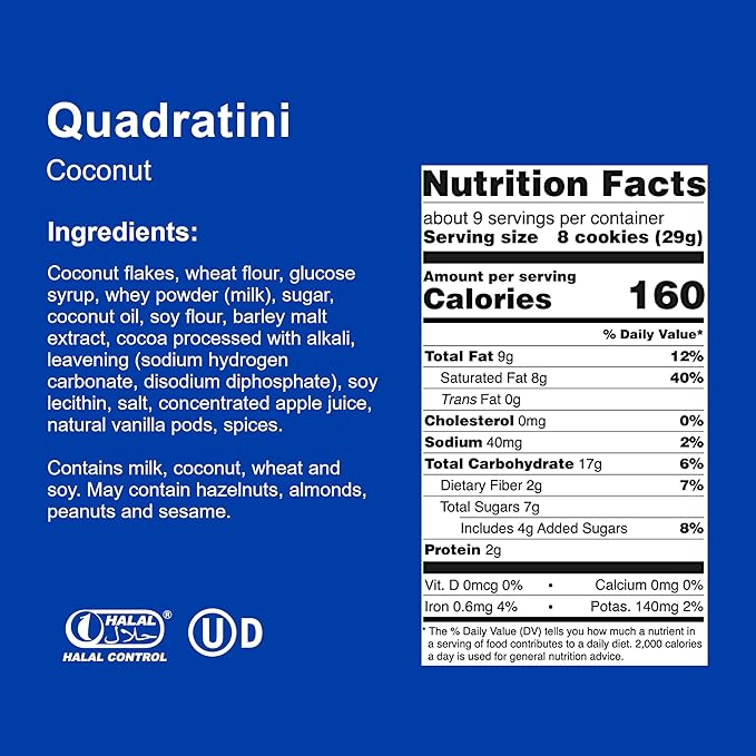 Loacker Quadratini Coconut Wafer Cookies LARGE - 30% Less Sugar - Premium Crispy Bite Size Wafers