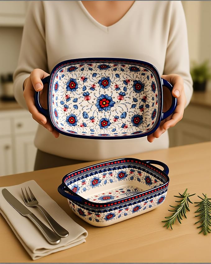 Ceramic Baking Dish Set of 2 ??Decorative Polish Pottery Style Casserole Dishes with Handles, Cute