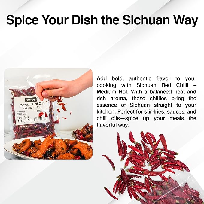 Natruen Whole Dry Szechuan Chinese Red Chili Pods 4 Oz (Medium Hot), Spicy Sichuan Dried Red Hot
