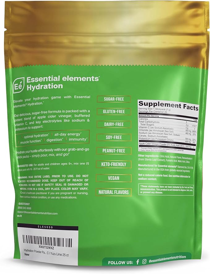 Essential Elements Hydration Packets - Yuzu Lime Pack - Sugar Free Electrolytes Powder Packets - 25