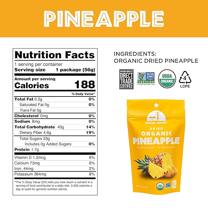 Mavuno Harvest Pineapple Dried Fruit Snacks | Organic Dried Pineapple Chunks| Gluten Free Healthy
