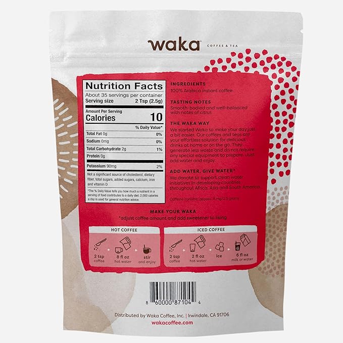 Waka Instant Coffee, Decaffeinated Medium Roast - 100% Arabica Colombian Beans, Freeze Dried