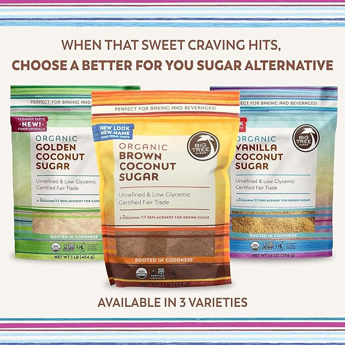 Big Tree Farms Organic Brown Coconut Sugar - Coconut Palm Sugar, Unrefined, Fine Crystals, Cane
