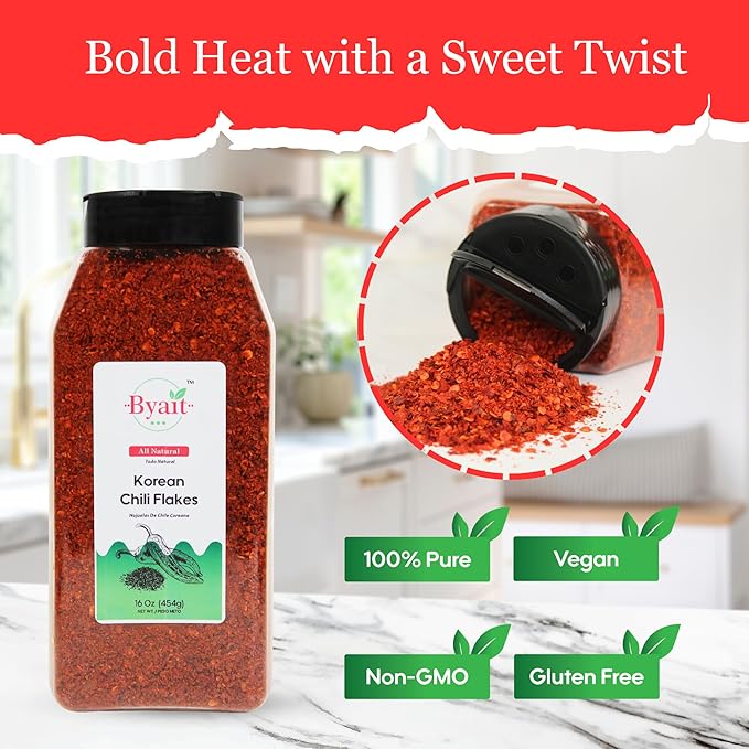 Byait Gochugaru Korean Chili Flakes 16 Oz (1 LB), Medium Hot, 100% Pure Red Chili Pepper Flakes for
