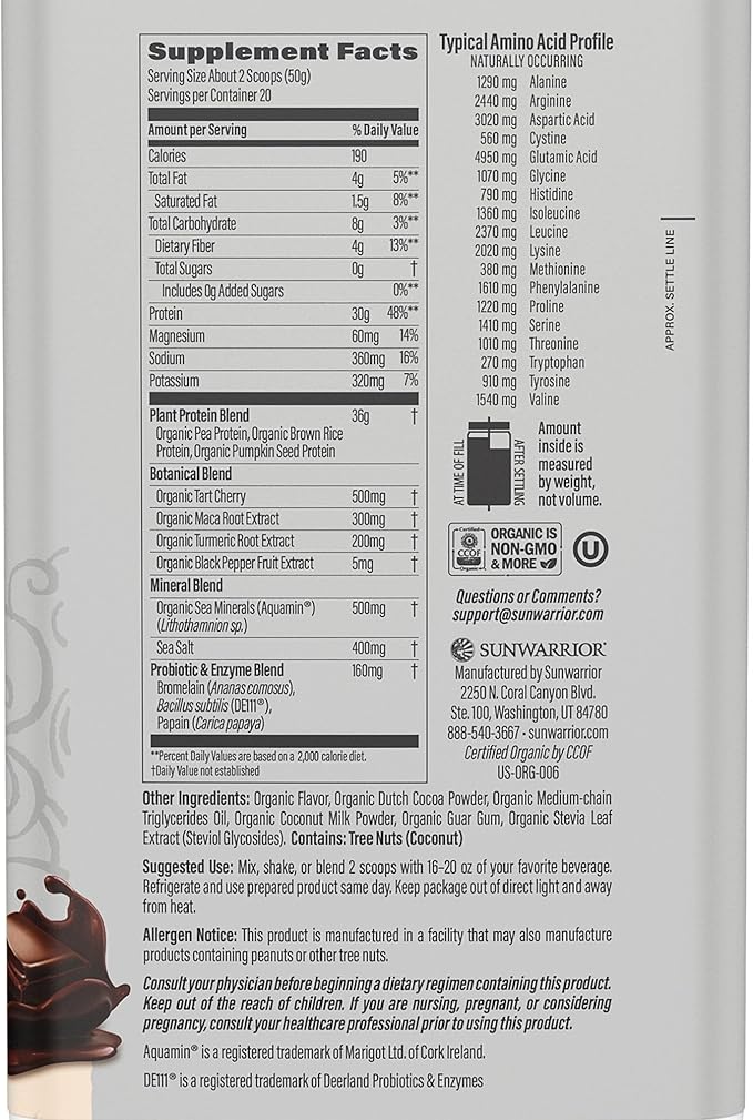 Sunwarrior Organic Plant Based Protein Powder | Vegan Organic Protein Powder with BCAA Amino Acids