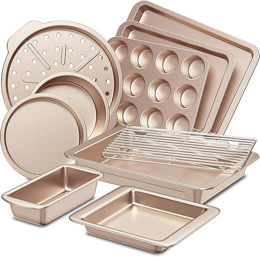 HONGBAKE Bakeware Sets, Baking Pans Set, Nonstick Oven Pan for Kitchen with Wider Grips, 10-Piece