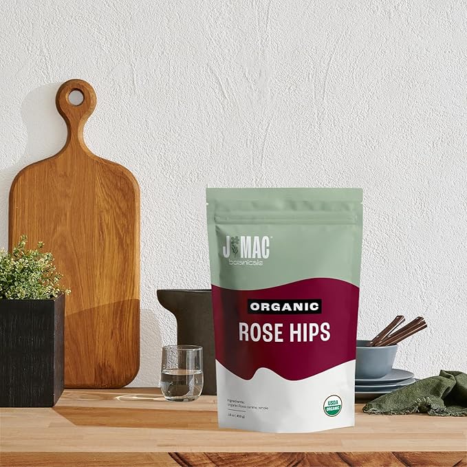 J MAC BOTANICALS Organic Rose Hips (8 oz Bag) Whole, natural organic dried rose hips for herbal
