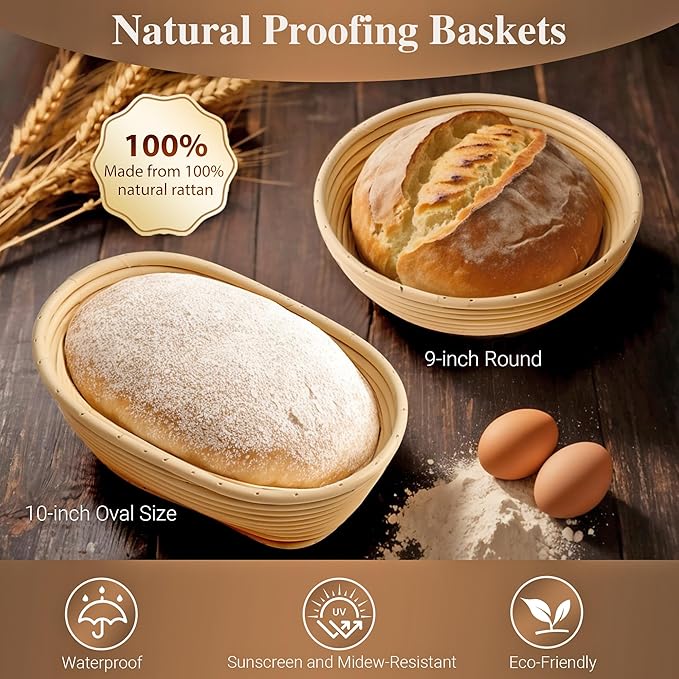 Sourdough Bread Proofing Basket Kit,9" Round and 10" Oval Banneton Basket with Liners &