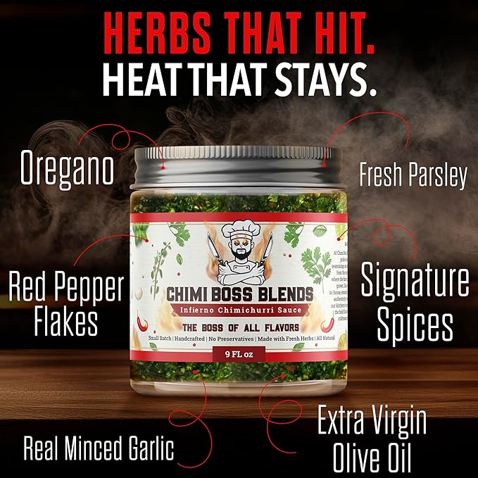 Chimi Boss Infierno Chimichurri Sauce, 9 fl oz – Spicy Argentinian Green Sauce with Fresh Parsley