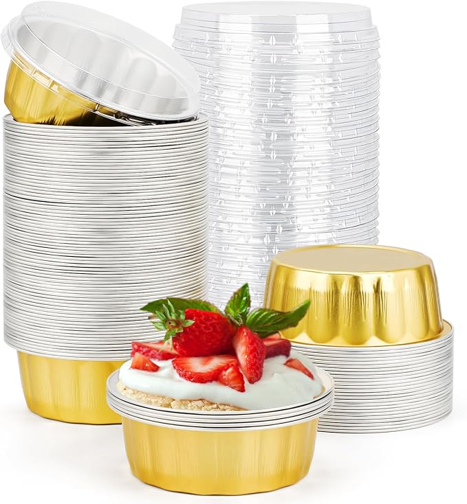 Beasea Disposable Ramekins with Lids, 8oz 100 Pack Golden Aluminum Foil Cups Disposable Creme