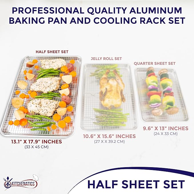 KITCHENATICS Aluminum Baking Pan Half Sheet with Grid: Baking Sheet with Wire Rack, 13 x 18 Baking