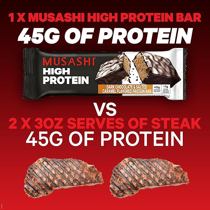 MUSASHI High Protein Bar, 45g Protein, <1g Total Sugars, Dark Chocolate & Salted Caramel, Post