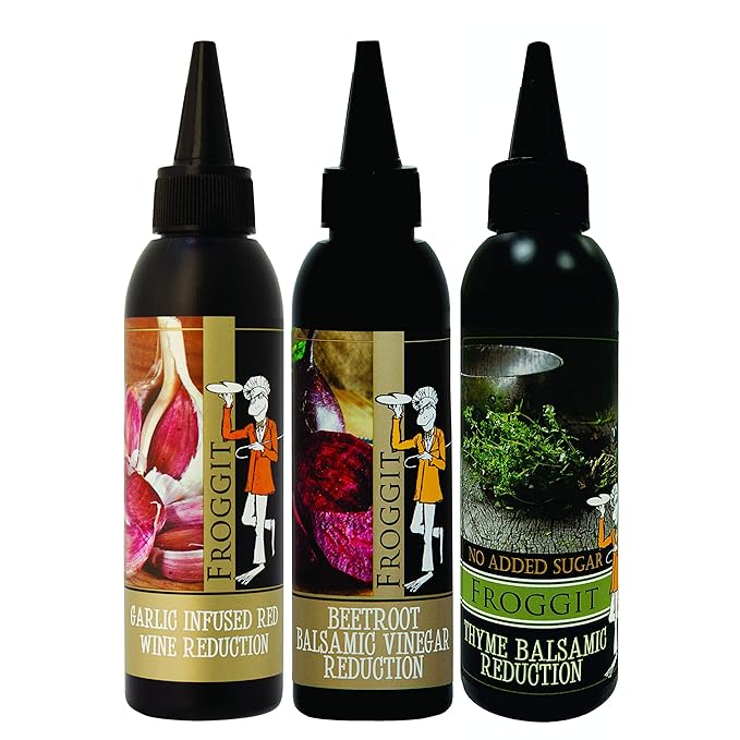 Froggit 3-Piece Variety Pack Garlic Infused Red Wine Vinegar, Beetroot Balsamic Vinegar Reduction