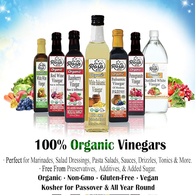 De La Rosa Organic White Balsamic Vinegar, Kosher for Passover, Vegan & Gluten-Free, Great for