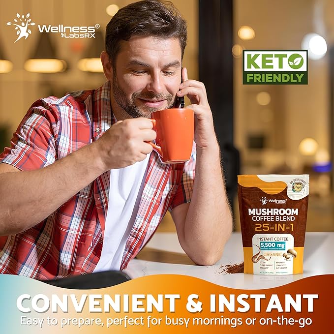 Mushroom Coffee Organic Instant Coffee, 25-in-1, Third-Party Tested Keto Friendly Lions Mane