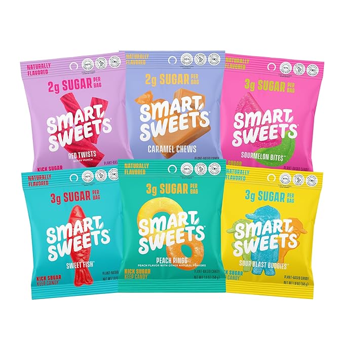 SmartSweets Variety Pack Sampler, Pack of 6 Individual Flavors, Low Sugar & Calorie Candy - Sweet
