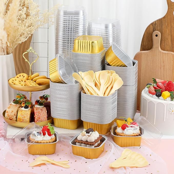 Hushee 600 Pcs Aluminum Foil Baking Cups with Lids and Spoons 5oz Disposable Ramekins Dessert