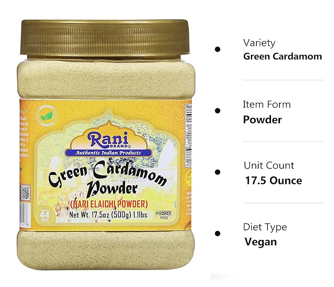 Rani Green Cardamom Pods Powder, Ground with Green Husks (Hari Elachi) 17.5oz (1.1lbs) 500g PET Jar