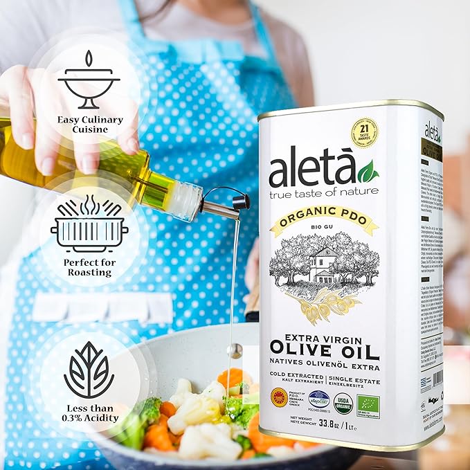 Aleta, USDA Organic Greek Extra Virgin Olive Oil, EU Certified Single Estate PDO Greece, 1 Lt (33.8