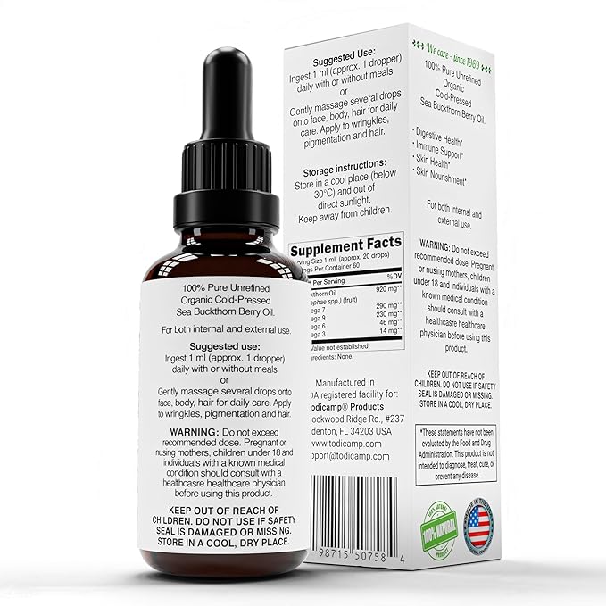 Organic Sea Buckthorn Oil - 1 fl oz Cold-Pressed Sea Buckthorn Berry Oil - Seabuckthorn for Face