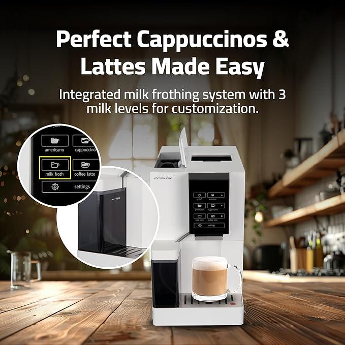 Epsilon Fully Automatic Coffee Machine, Modern One Touch Espresso Machine, Integrated Milk Frother