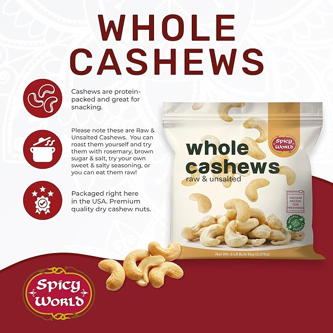 Spicy World Raw Cashews 5 LB (80oz) Bulk - Non-GMO, Gluten Free, Peanut Free, No Additives