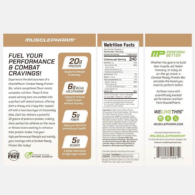 MusclePharm Combat Ready Chocolate Chip Cookie Dough Protein Bar, High Protein Bars, Combat