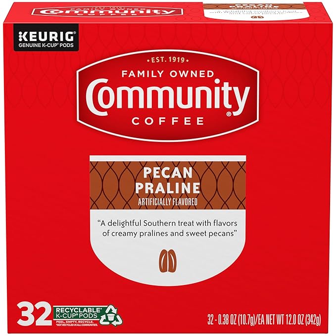Community Coffee Pecan Praline Flavored, Medium-Dark Roast, Single-Serve Keurig K-Cup Pods, 32