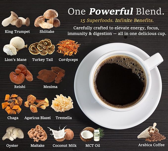 DLNIA Organic Mushroom Coffee with 12 Adaptogenic Mushrooms, Arabica Beans, Coconut Milk & MCT Oil