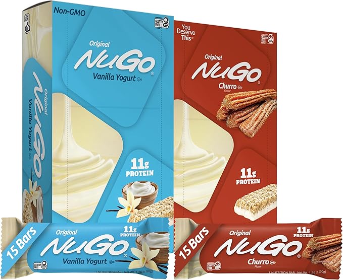 NuGo Original Variety, Vanilla Yogurt 15 bars & NEW! Churro 15 bars, 11g Protein, Gluten Free, 30