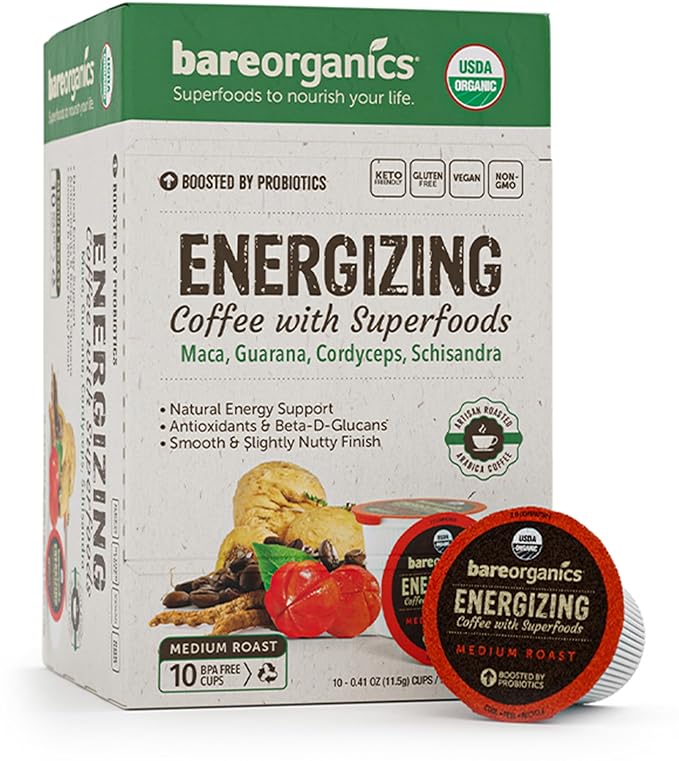 BareOrganics Energy Medium Roast Coffee, Organic, 10 K-Cup Pods, Superfoods & Probiotics Infused