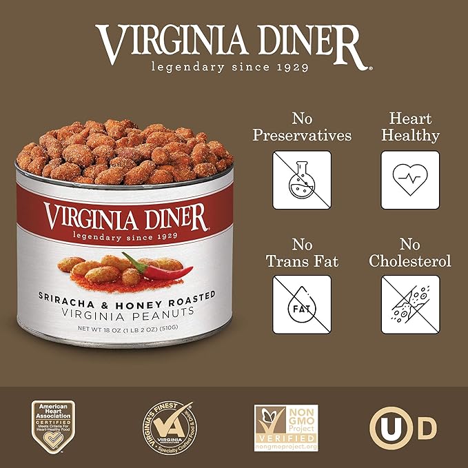 Virginia Diner Natural Virginia Honey Roasted & Siracha Xl Peanuts, Gourmet Non-Gmo Nuts, Premium