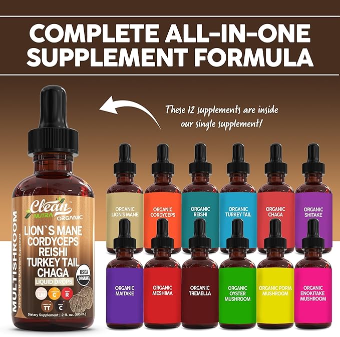 Organic Mushroom Supplement Liquid Drops with Lions Mane Turkey Tail Cordyceps Reishi Chaga Shitake