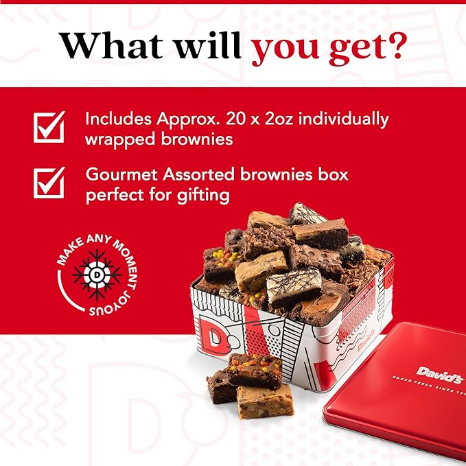 David's Cookies Assorted Brownies Gift Tin - 20 Slices of Individually Wrapped Gourmet Brownies