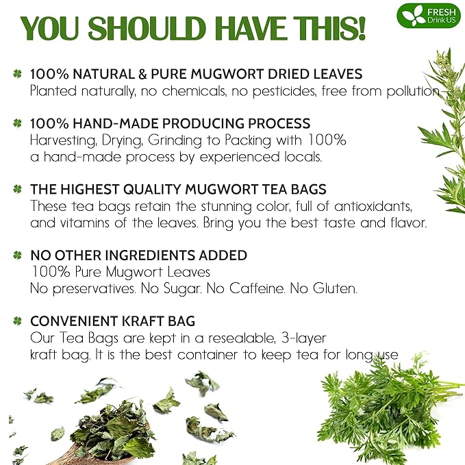 FreshDrinkUS, Premium 25 Mugwort Leaf Tea Bags, 100% Natural and Pure Mugwort Leaves. Loose Leaf