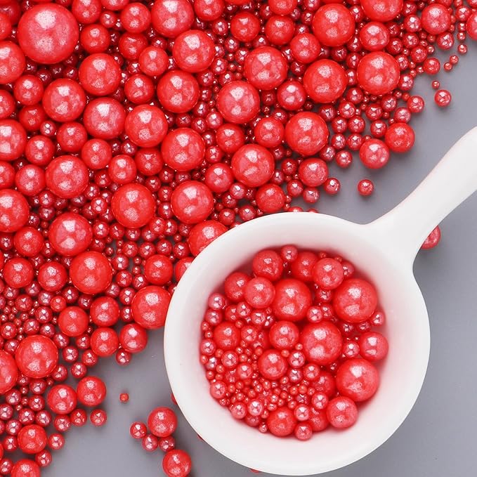 Red Pearl Sprinkles for Cake Decorating, 6 Sizes Mix Edible Sugar for Ice Cream Cupcake Cookies