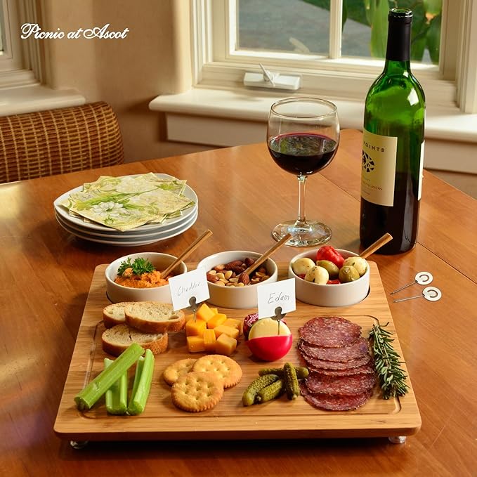 Picnic at Ascot Bamboo Cheese Board/Charcuterie Platter - Includes 3 Ceramic Bowls with Bamboo