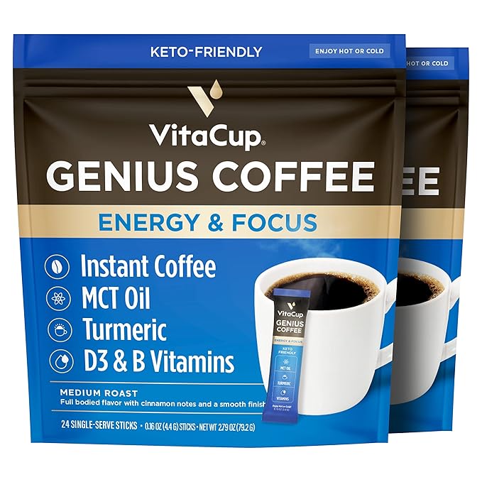 VitaCup Genius Instant Coffee Packets, Increase Energy & Focus, Keto Coffee, Serve Hot or Cold