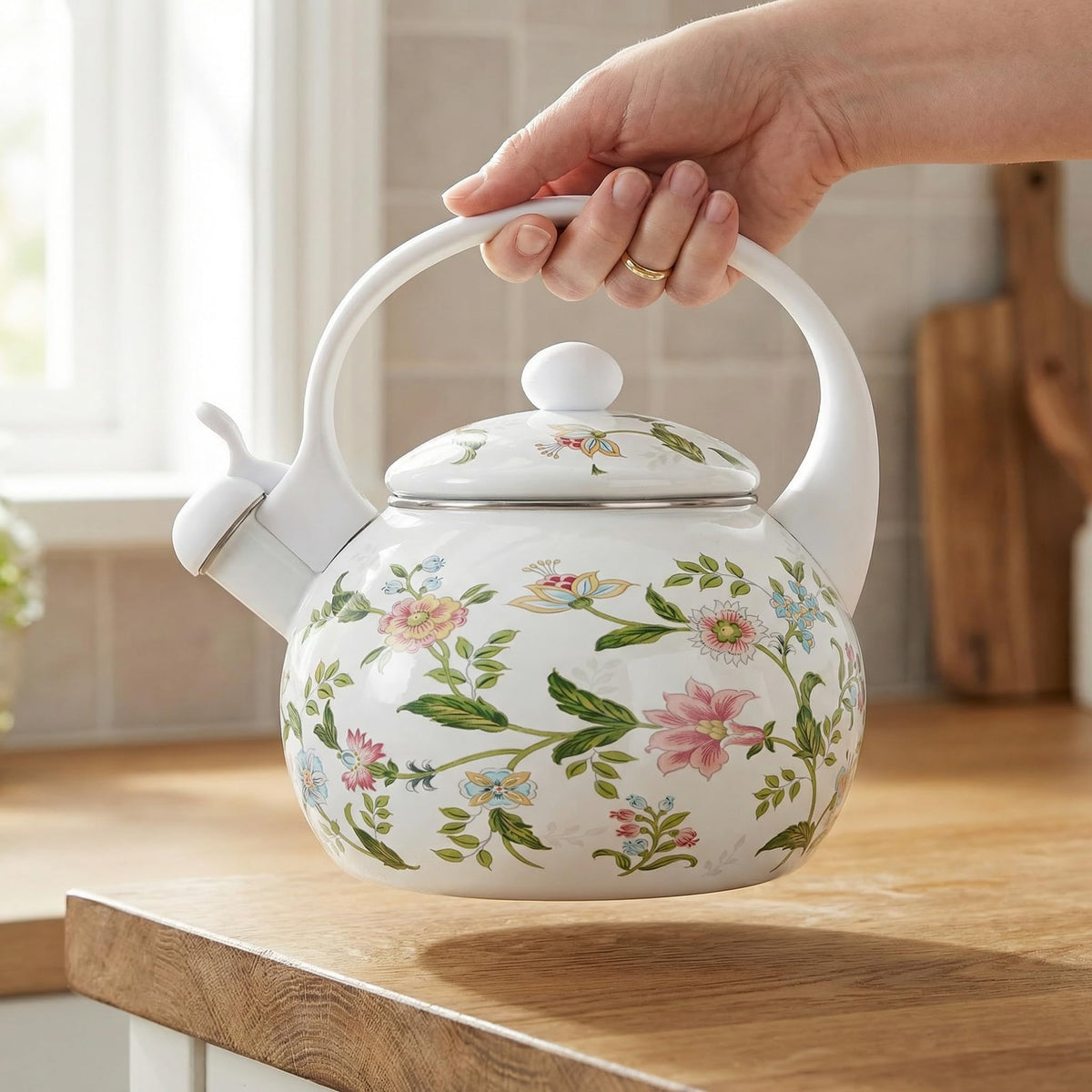 Jucoan 2.3 Quart Vintage Enamel Tea Kettle, Whistling Tea Kettle for Stove Top, Floral Enamel on