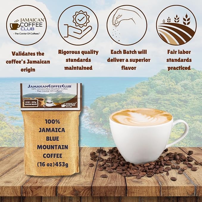 JamaicanCoffeeClub 100% Blue Mountain Whole Bean Coffee ??WB 8oz Jamaican Roasted Beans, Smooth