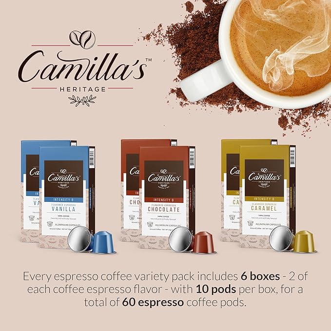 Camilla’s Heritage - Intensity 8 Flavored Espresso Coffee Variety Pack (Gourmet Chocolate, Vanilla