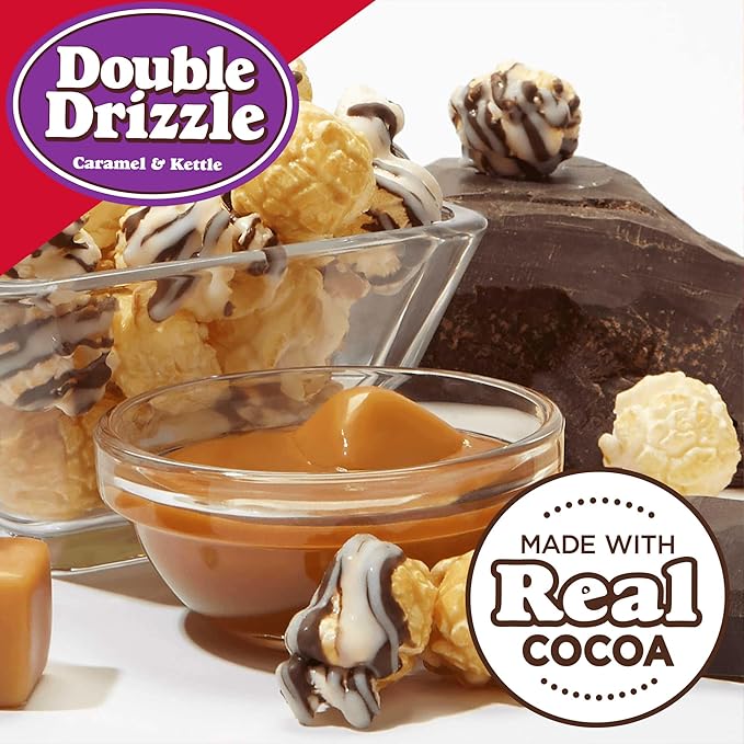 Popcornopolis Double Drizzle 6 ct, 2 oz Case, Caramel and Kettle with Chocolatey Stripes Flavored