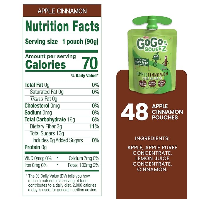 GoGo squeeZ Applesauce and Fruit Puree, Apple Cinnamon, 3.2 oz (Pack of 48), Unsweetened Fruit