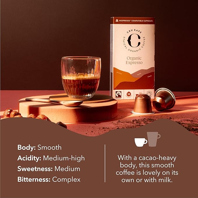 Cru Kafe Strong Espresso USDA Organic Espresso Coffee Capsules (10 Pods) Fairtrade Coffee Pods
