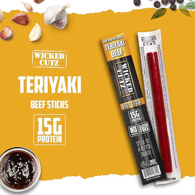 Wicked Cutz Teriyaki Beef Sticks, 15g Protein Per Beef Stick, Tender & Juicy Extra Large Meat