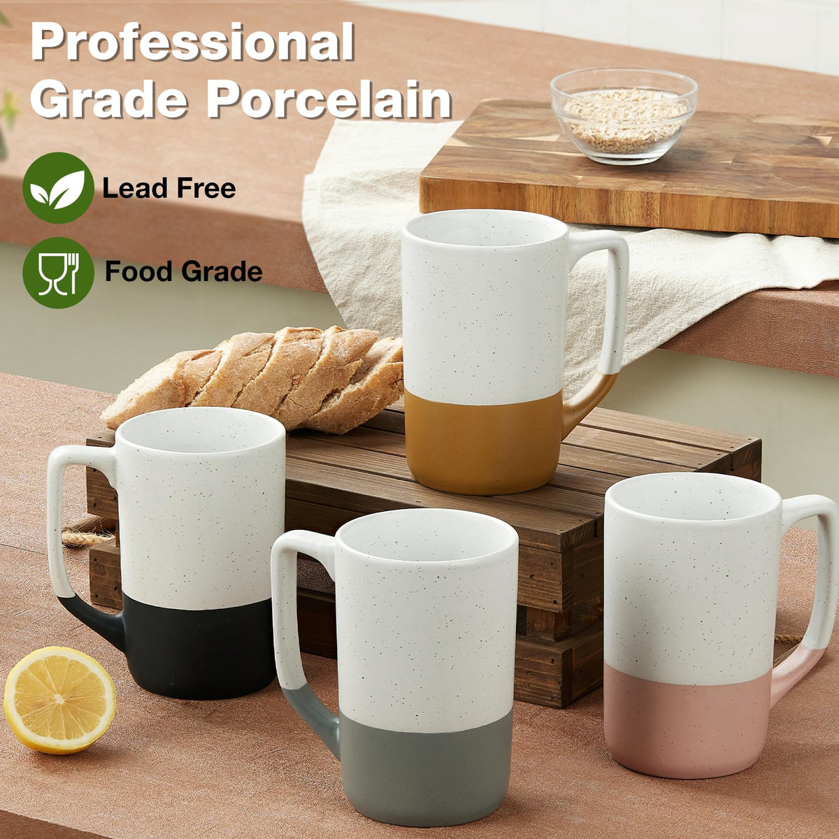 Large Ceramic Coffee Mug Set of 4, 16 oz Tea Cups with Handle, Porcelain Mug for Latte, Hot Tea
