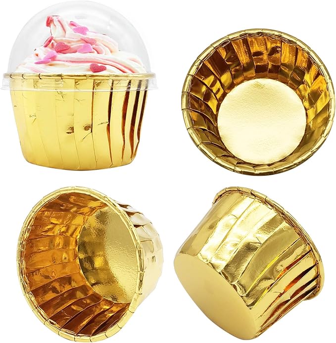 Gold Cupcake Liners with Lids 100Pack,Free-Air 3.5Oz Mini Muffin Liners Cupcake Wrappers,Foil