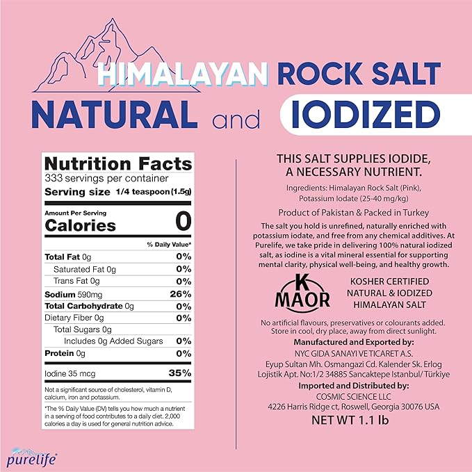Purelife Himalayan Pink Salt Fine - Iodized Salt, Kosher Certified Pink Himalayan Salt | Premium